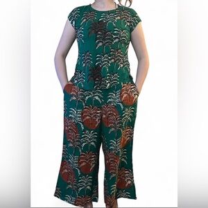 Nicole Miller Linen Palm Tree Print 2pc Set L XL Green Resort Costal Chic